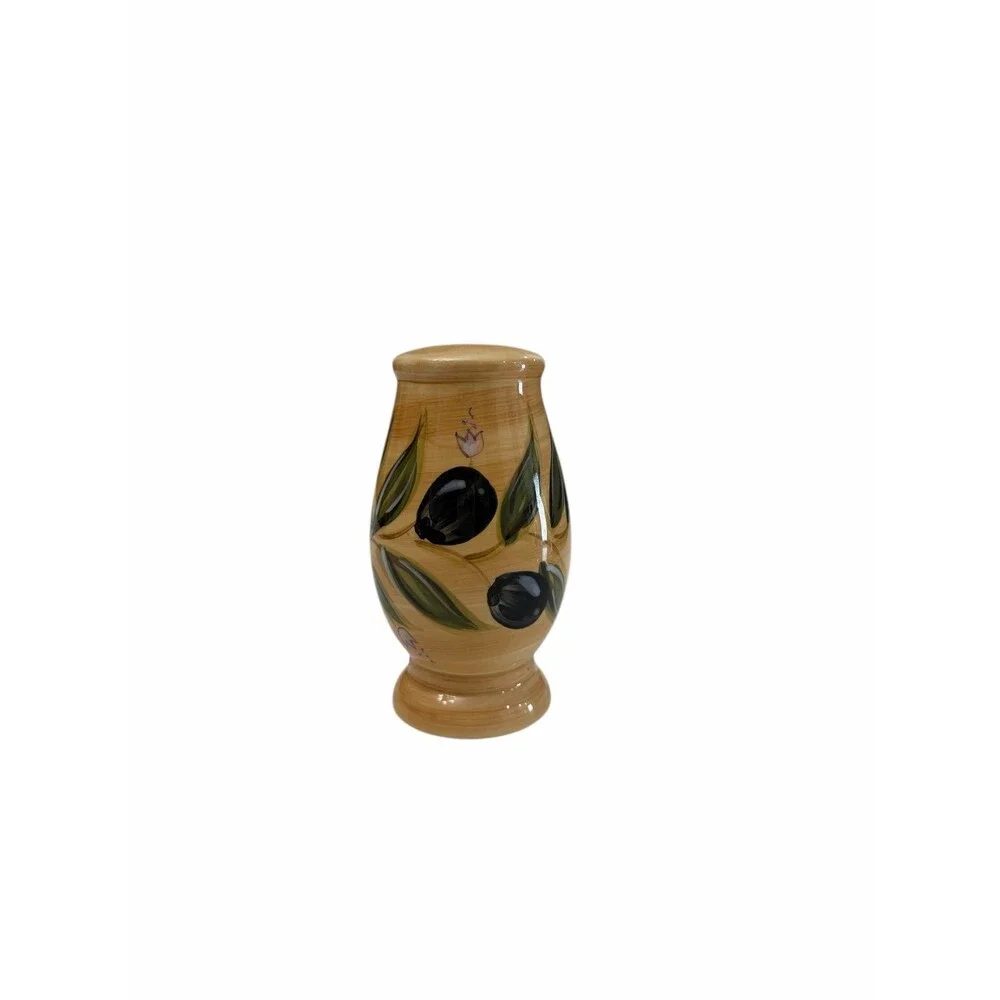 Hand Painted Olive Ceramic Salt or Pepper Shaker Beige Green Glossy Vase China